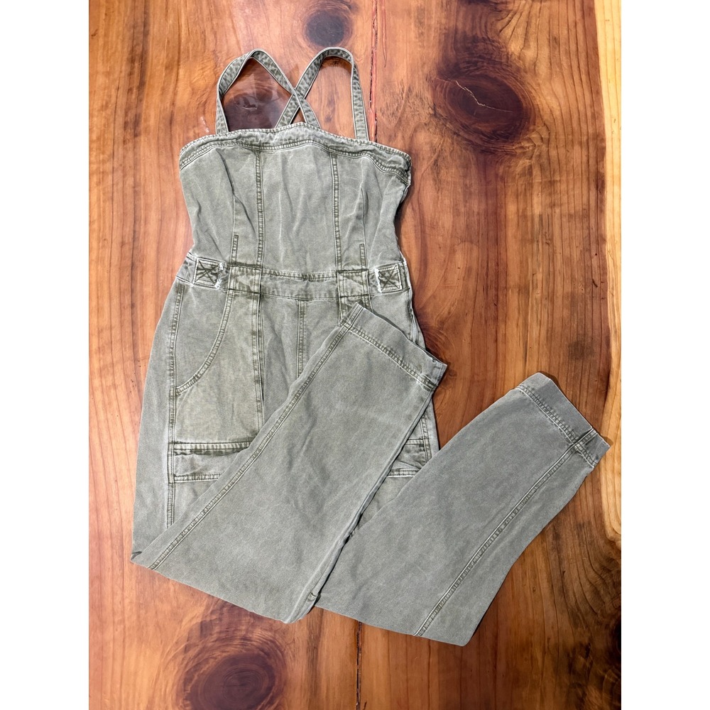 Free People Go West Utility Jumpsuit S Green Cotton Utility Denim Stretch B3-5